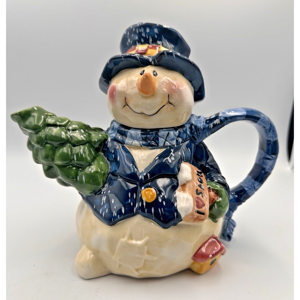 Snowman Tea Pot Ceramic Christmas 8"Hx 9"W
